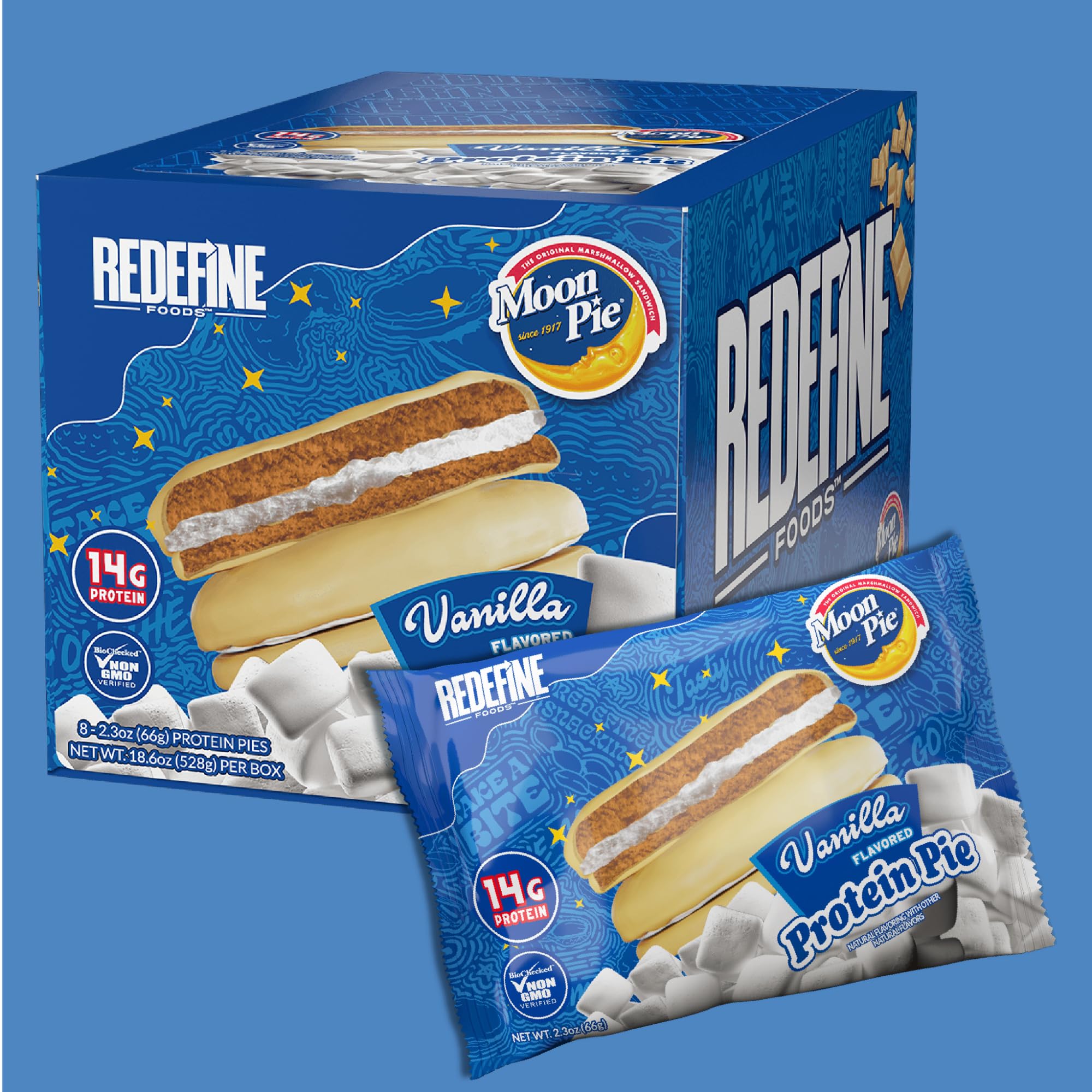 REDEFINE Protein Pie MoonPie Vanilla wrap close-up for grab-and-go snack