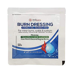 Redicare burn dressing 4x4 being applied with non-stick gel-soaked pad