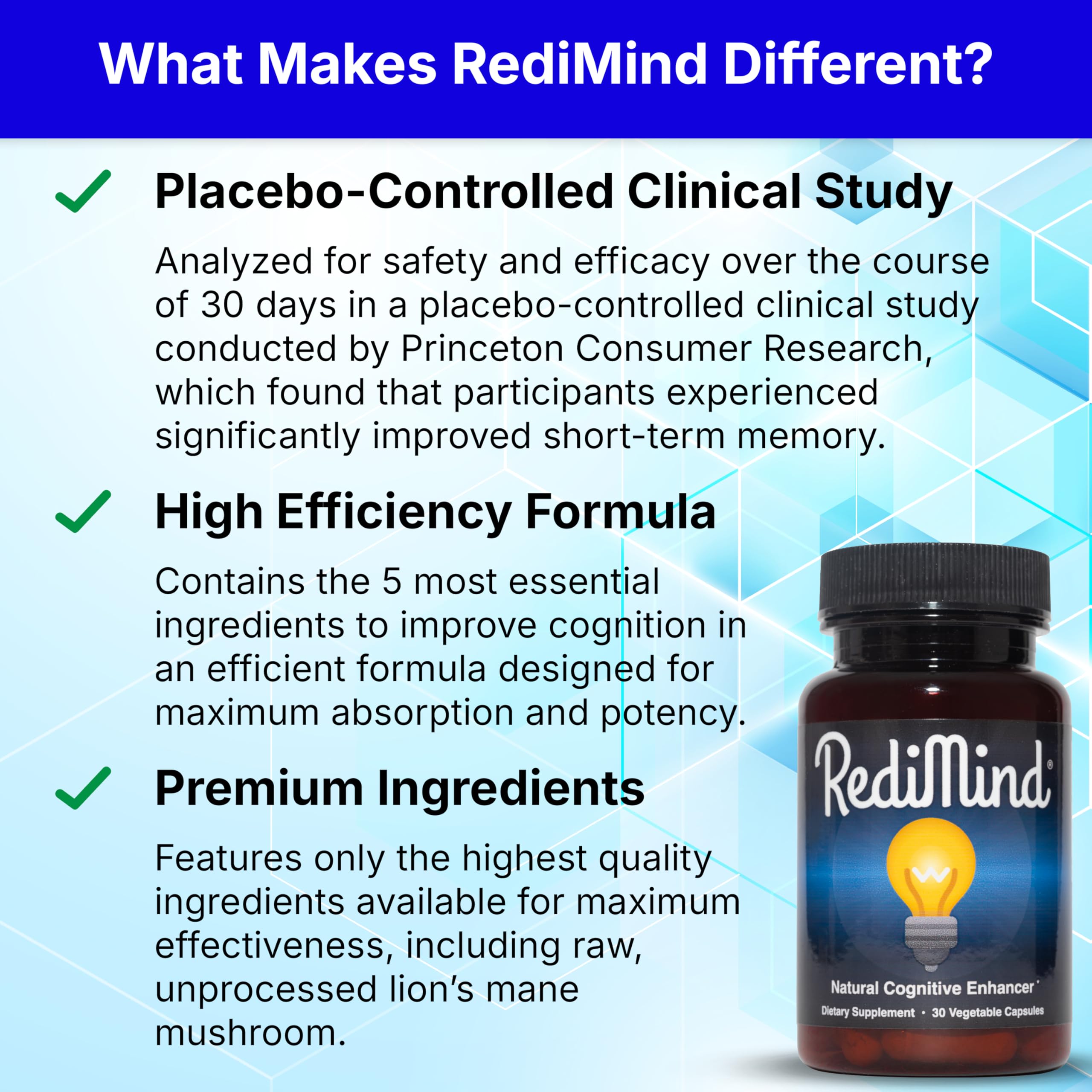 RediMind bottle featuring hericium erinaceus for cognitive resilience.