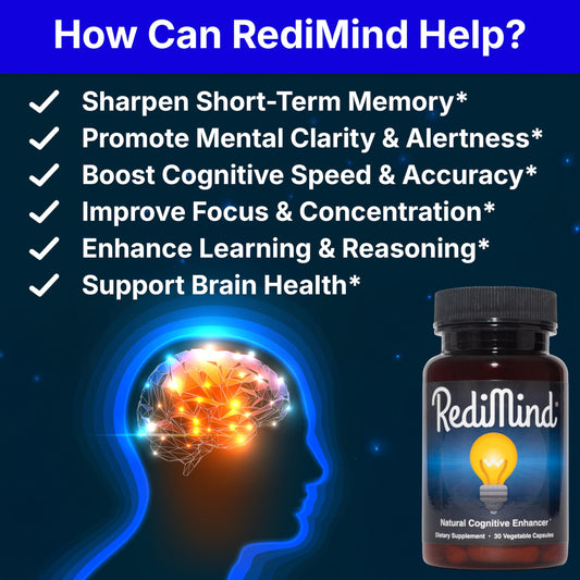 RediMind bottle with huperzine A may support temporary mental sharpness.