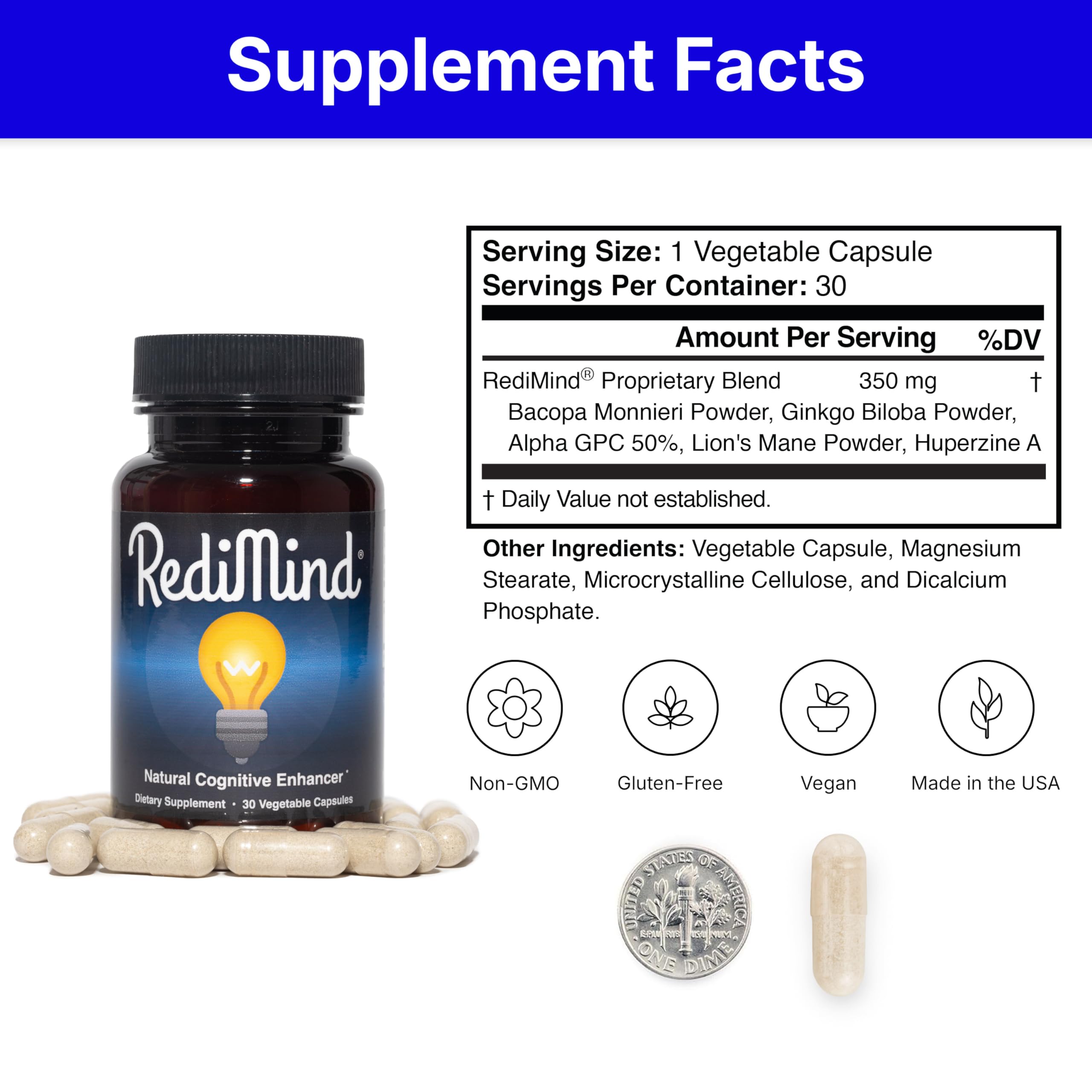 RediMind packaging front highlighting vegan, gluten-free, non-GMO credentials.