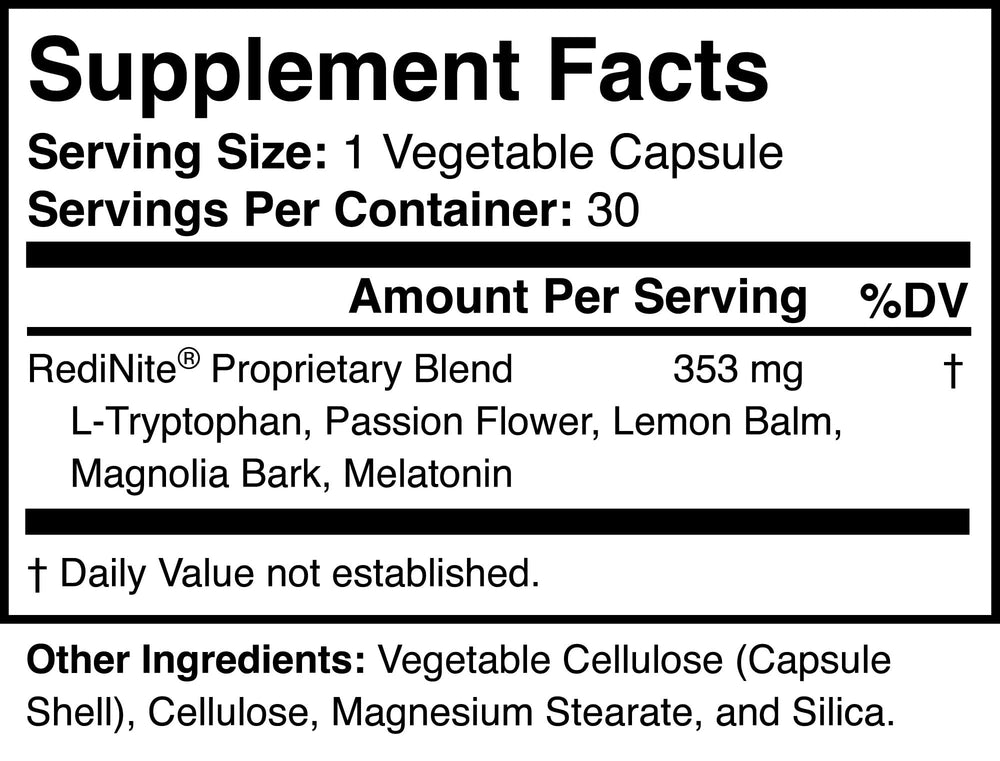 RediNite capsules close-up shows vegan non-GMO formula.
