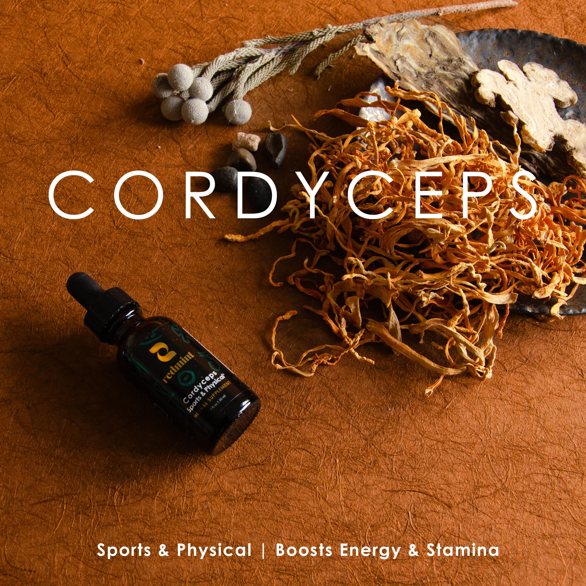 Redmint label closeup showing traditional herbs blended with cordyceps for wellness.