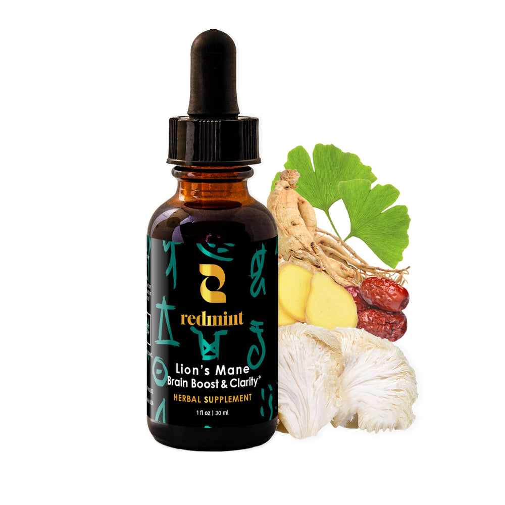 Redmint Lions Mane Mushroom Extract bottle pour for focused study and mental clarity.