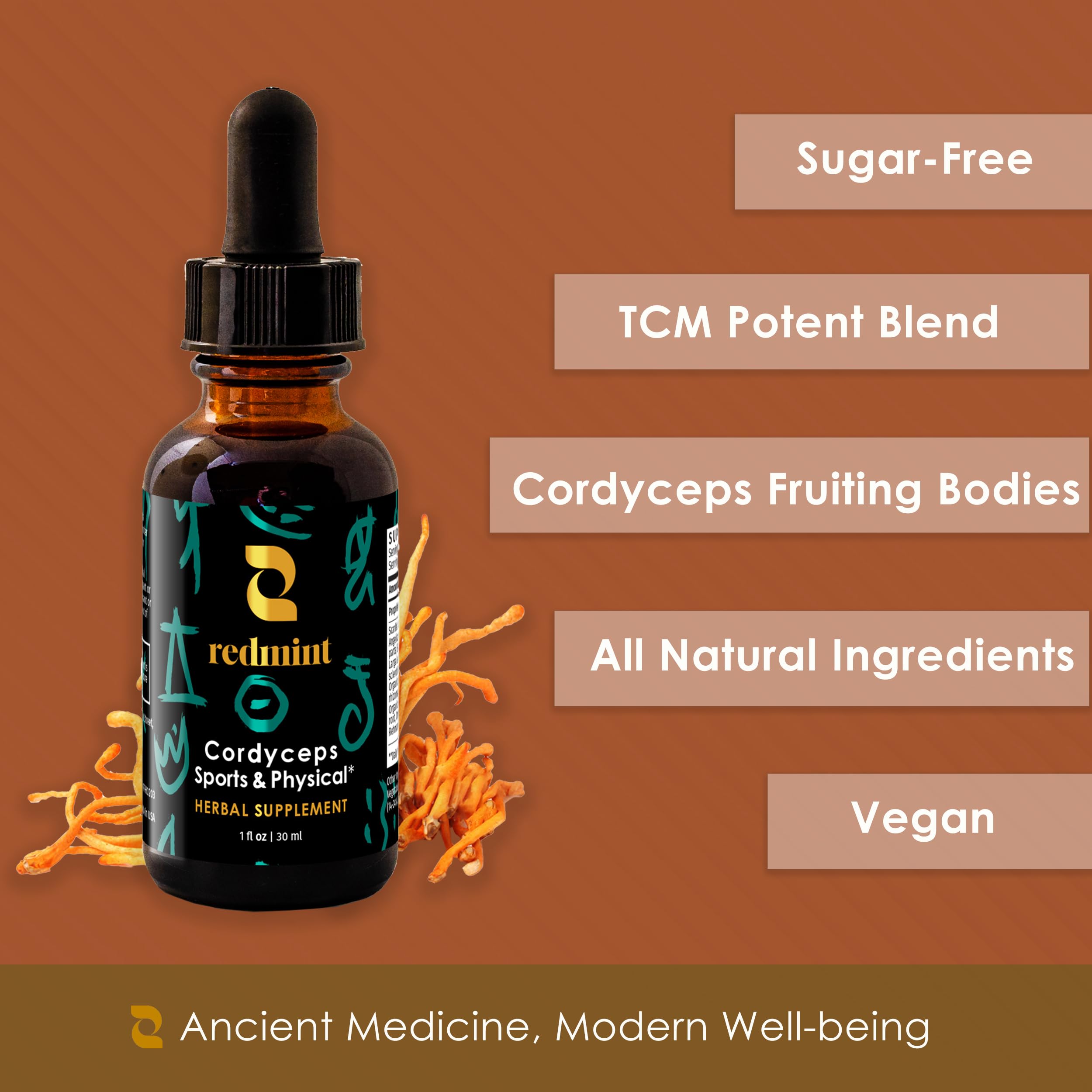 Redmint organic tincture bottle on wooden table highlighting natural ingredients.