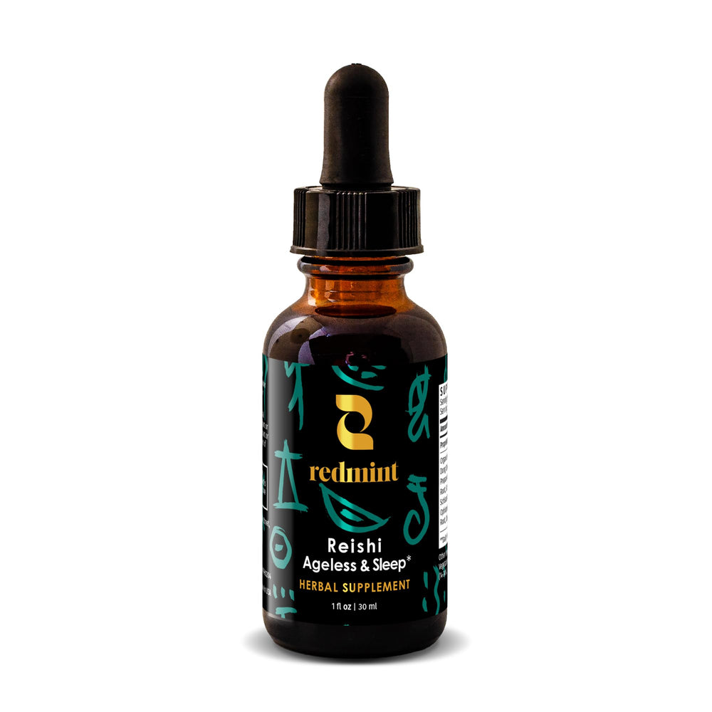 Redmint Reishi tincture bottle closeup, premium herbal formula for holistic wellness.