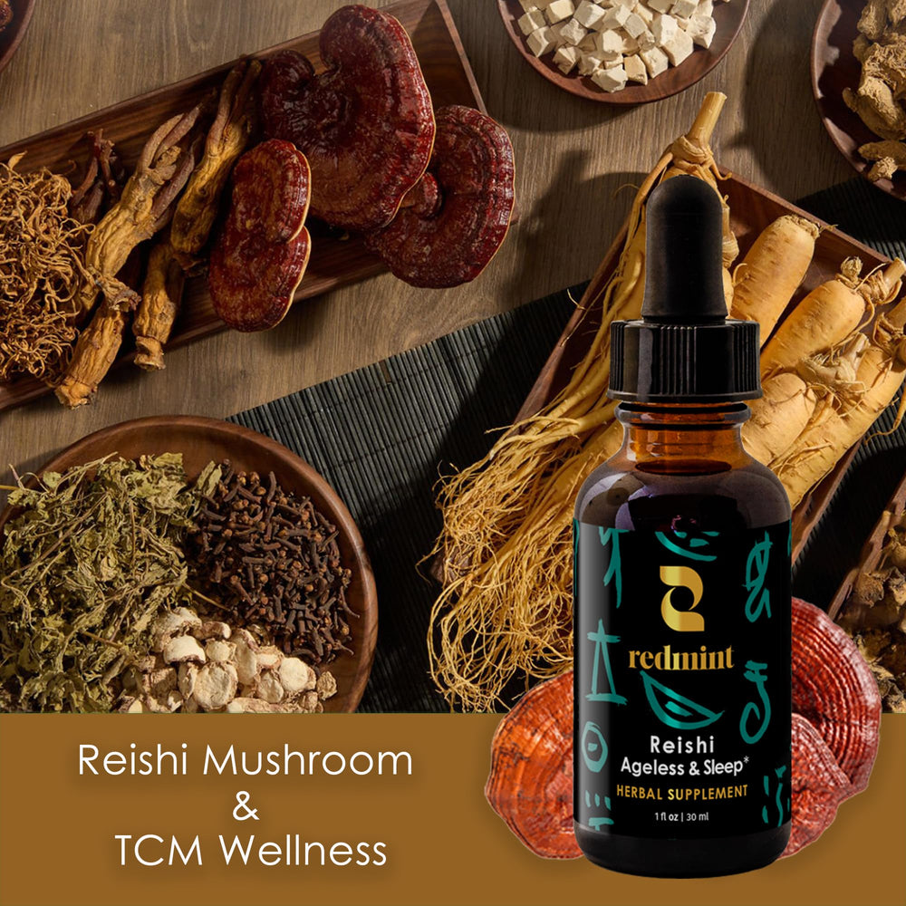 Redmint Reishi tincture label showing traditional herbs.
