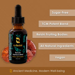 Redmint Reishi tincture beside nightstand for a calm sleep ritual.