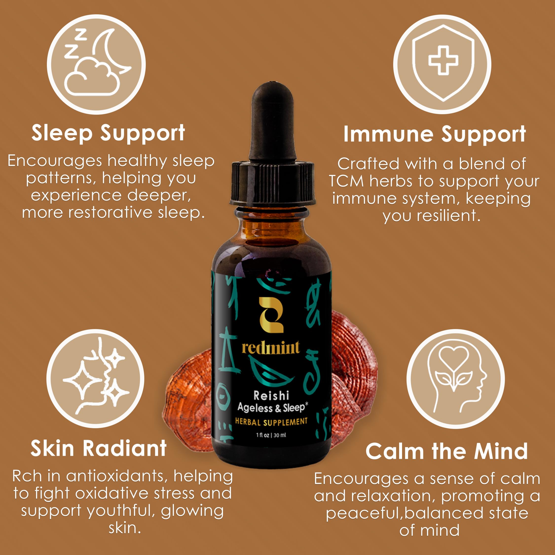 Redmint Reishi tincture with Dong Quai and Schisandra for immune support.