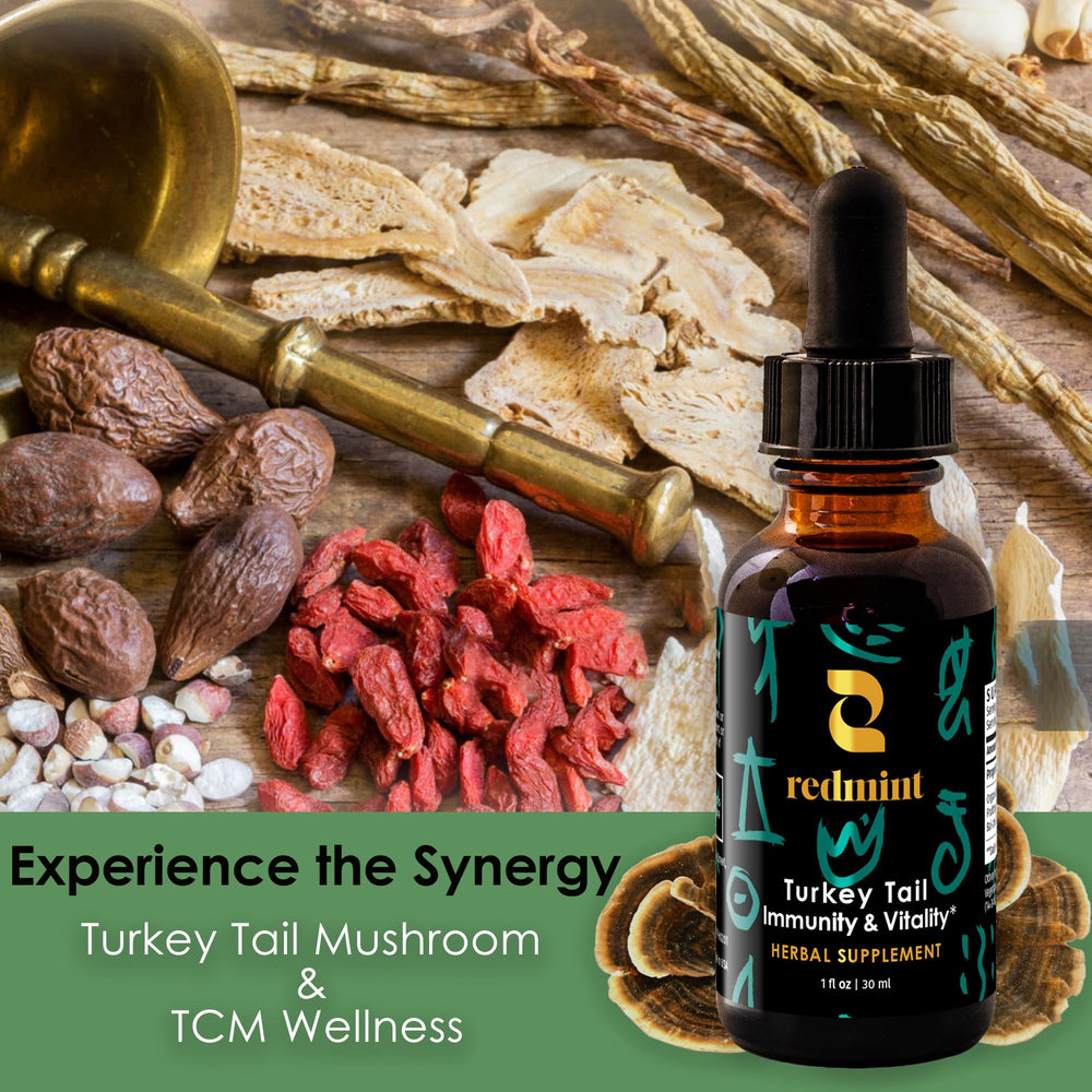 Redmint amber bottle on wooden surface signaling premium quality.