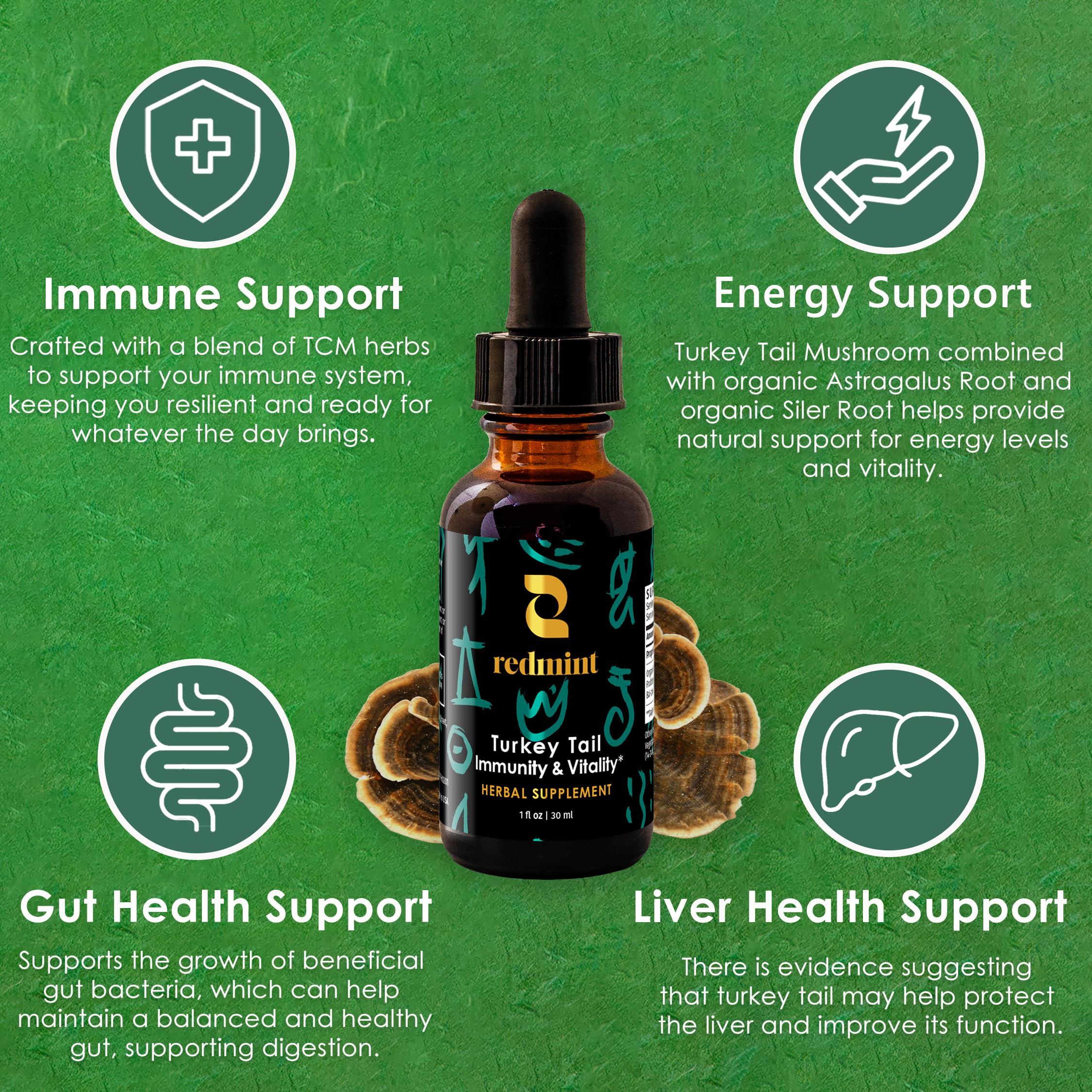 Redmint tincture ingredients display with astragalus, siler, bai-zhu and turkey tail.