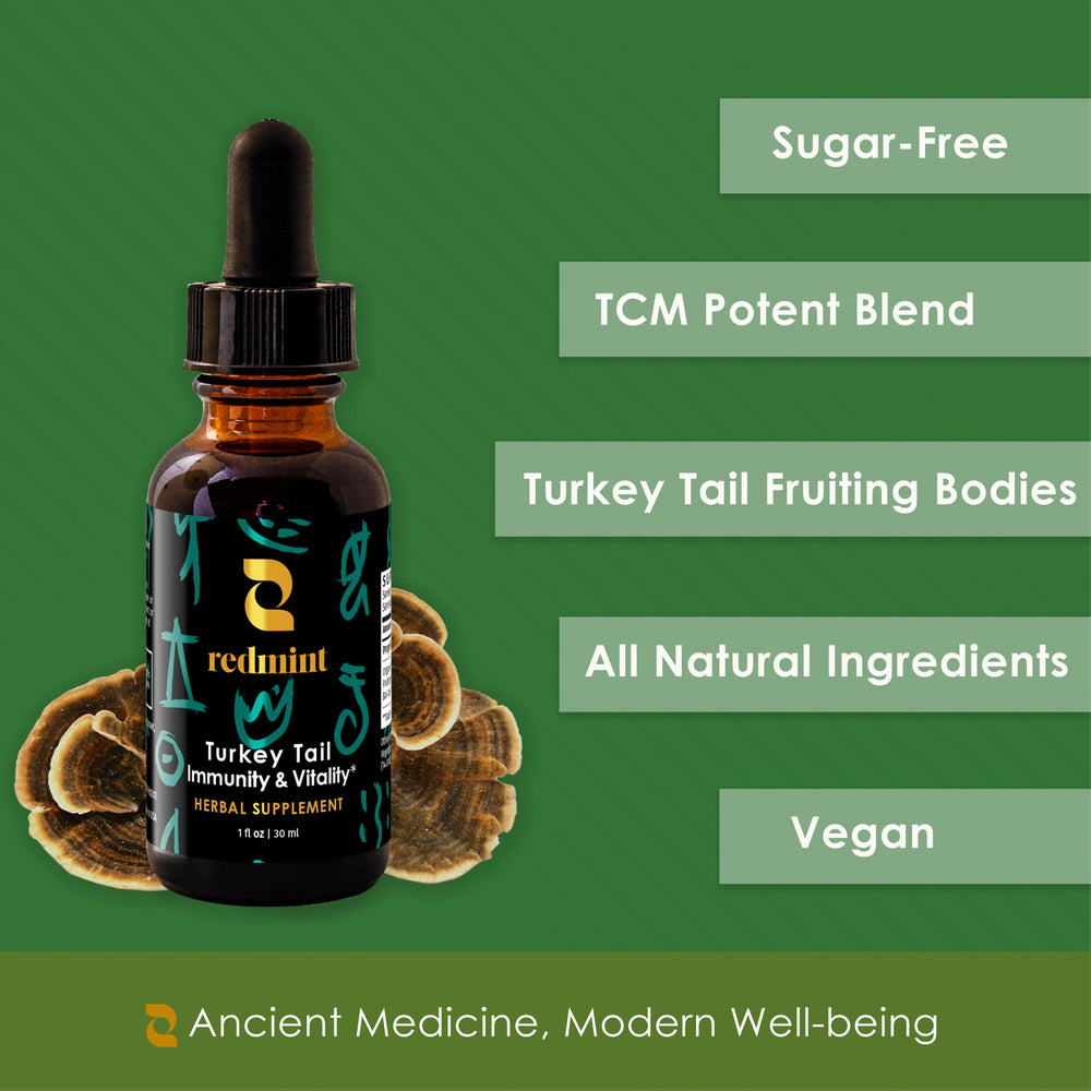 Redmint turkey tail tincture in a cozy ritual setup promoting balanced energy.