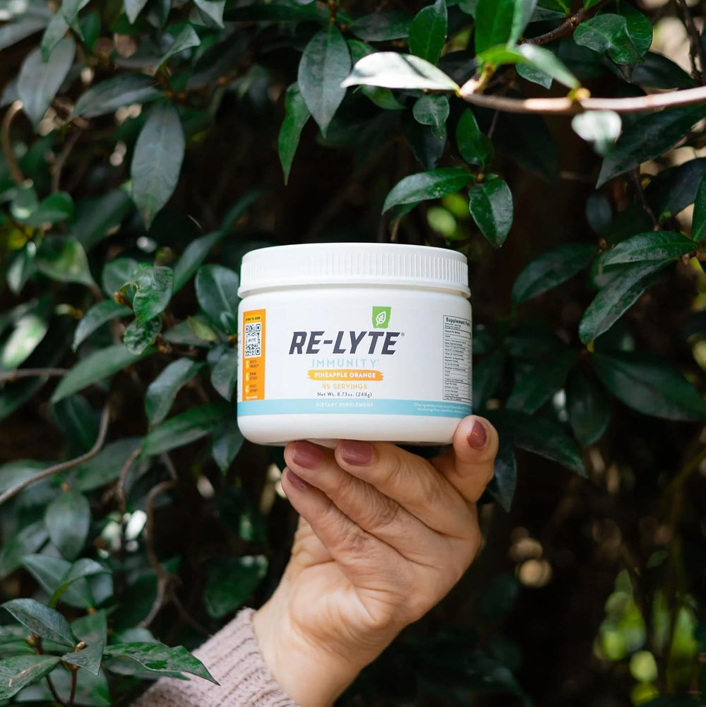Label close-up on Re-Lyte Immunity emphasizing sugar-free and stevia-sweetened formula