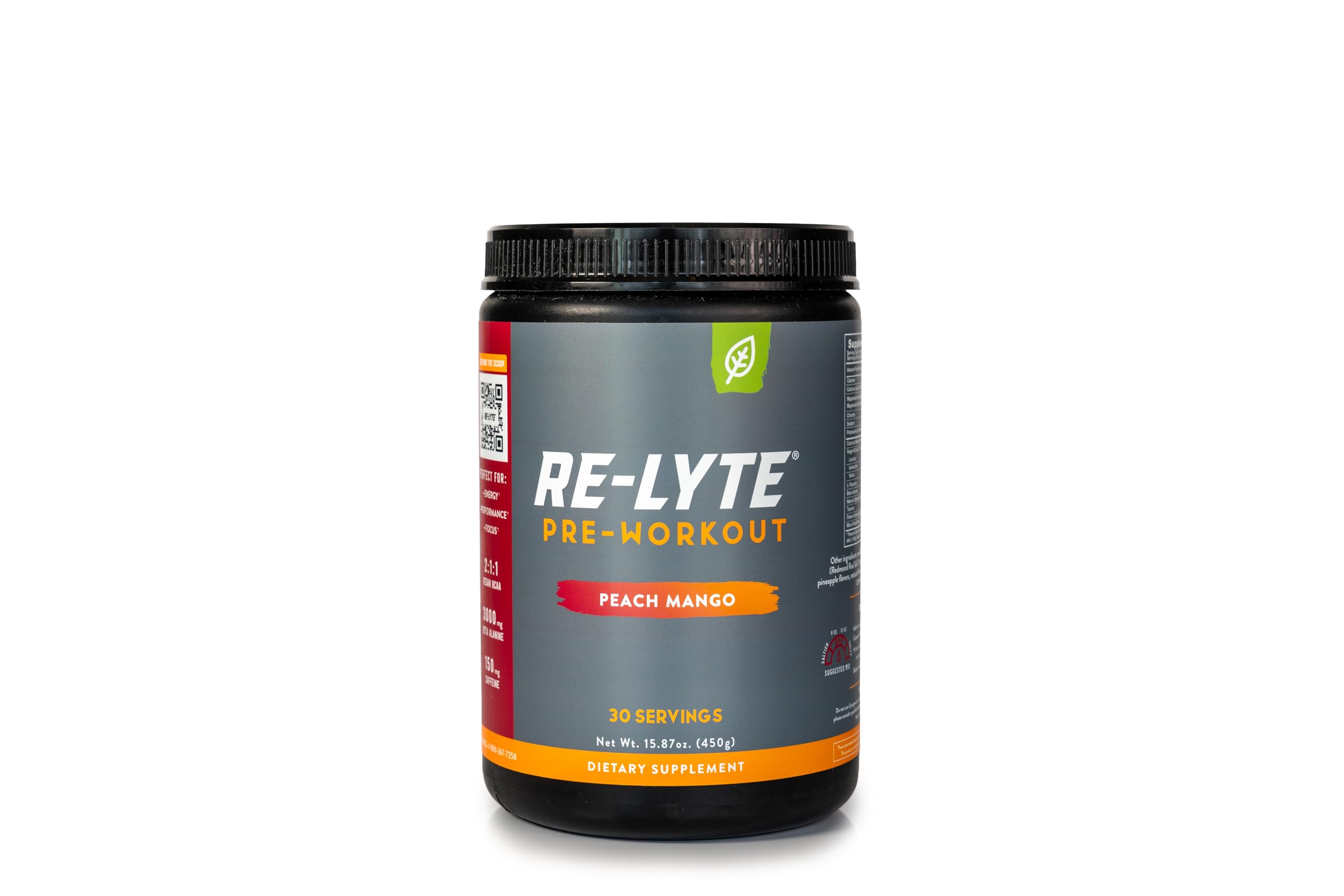 REDMOND Re-Lyte Peach Mango bottle front, ready for a refreshing electrolyte-rich pre-workout.