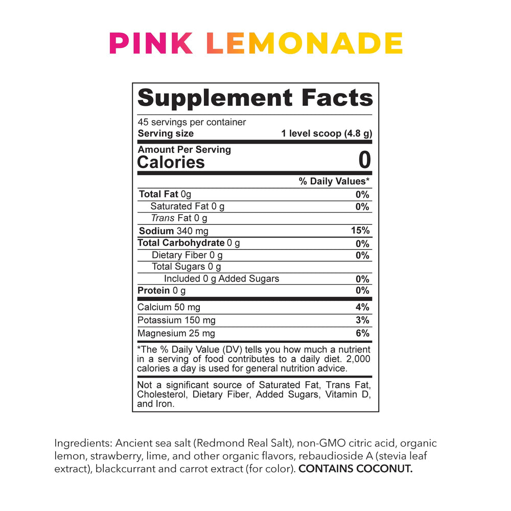 REDMOND Re-Lyte Kids ready-to-hydrate glass showing refreshing pink lemonade.