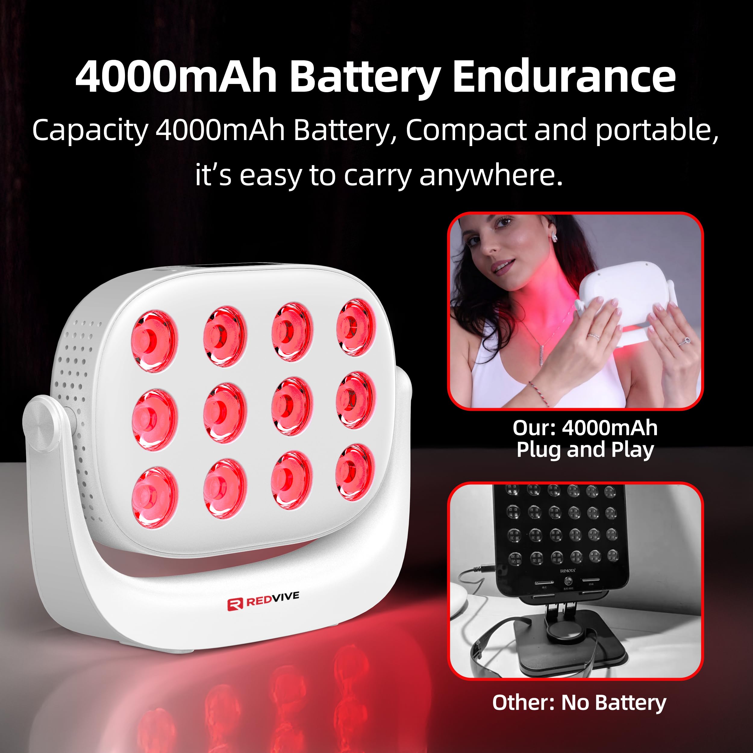 Redvive dual wavelengths 660nm and 850nm for at-home wellness routines.