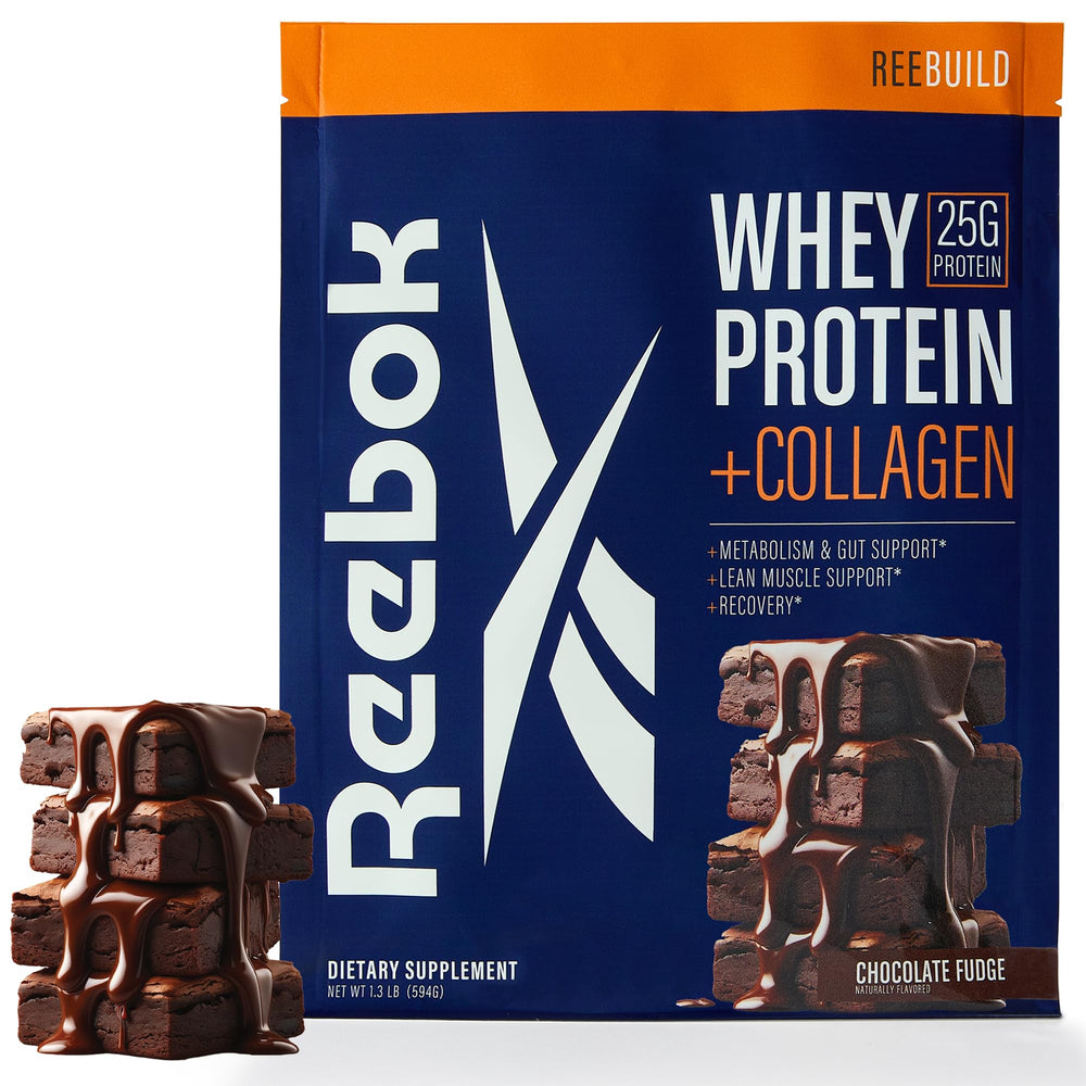 Reebok REEBuild whey-collagen tub front view for daily protein intake