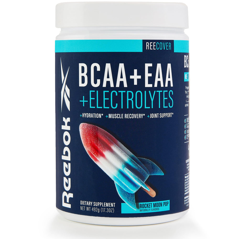 Reebok REEcover amino acids and electrolytes tub front, ready for post-workout recovery.