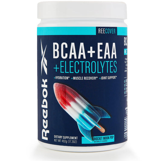 Reebok REEcover amino acids and electrolytes tub front, ready for post-workout recovery.