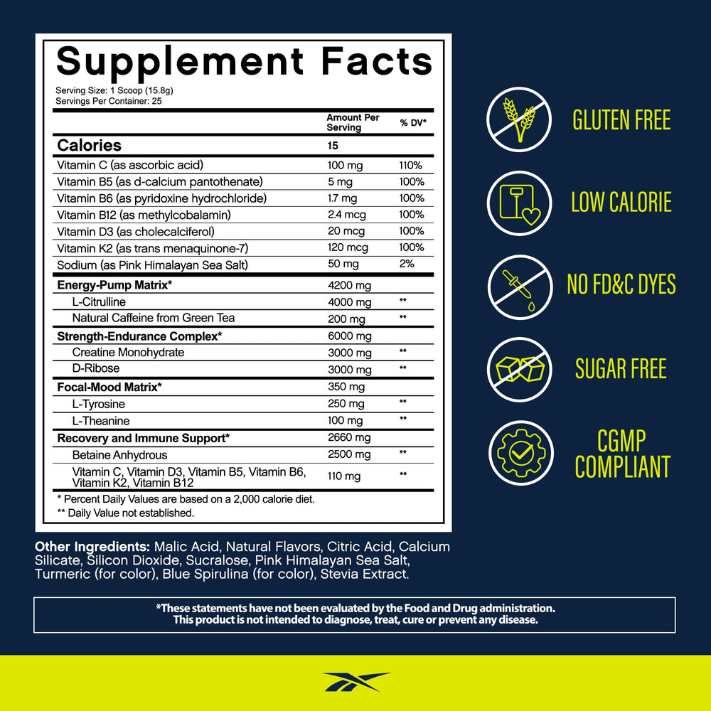 Reebok REEenergize bottle pour showing quick, sustained energy before training.