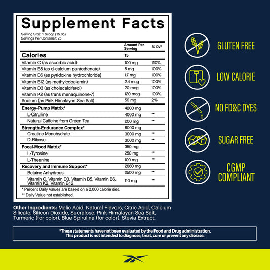 Reebok REEenergize bottle pour showing quick, sustained energy before training.