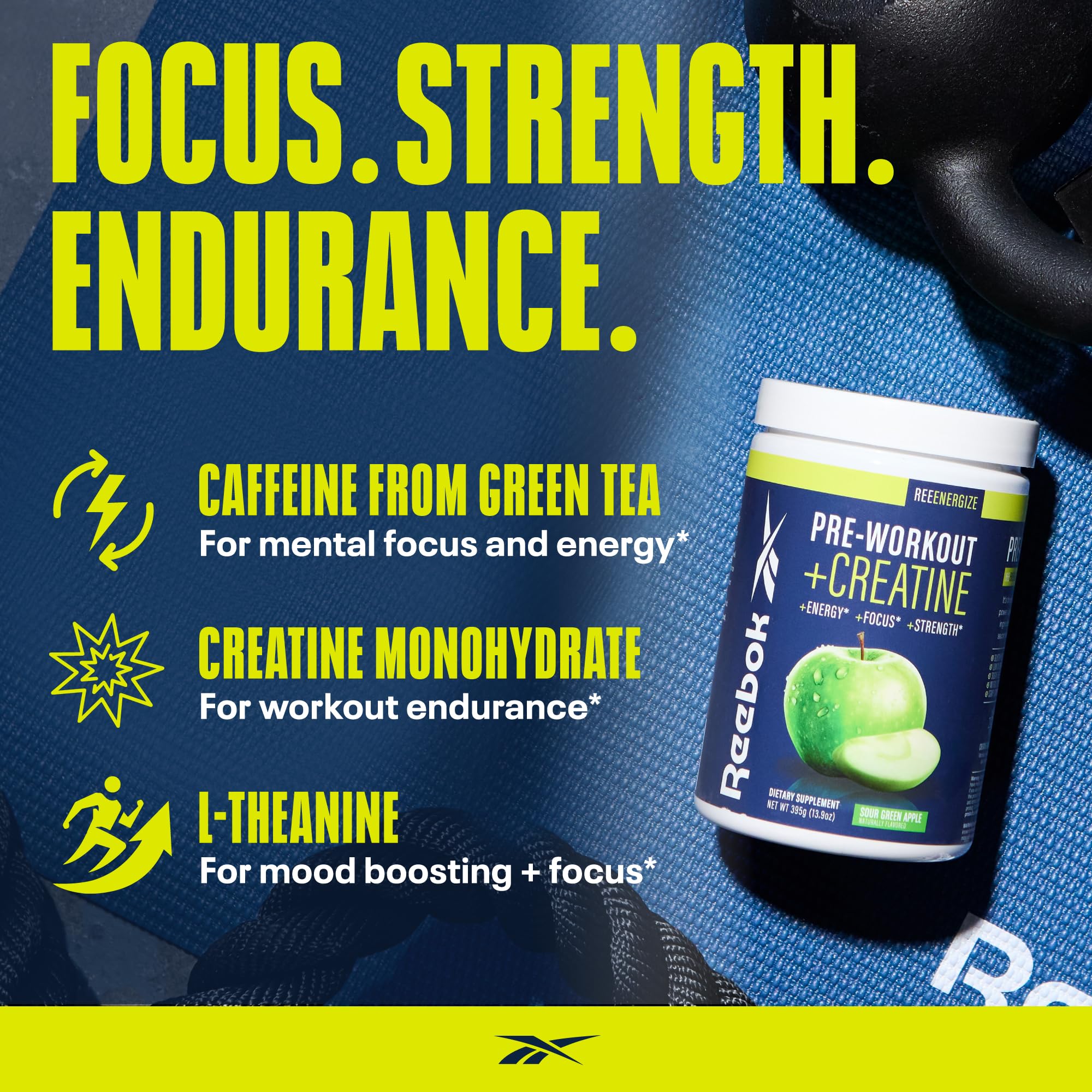 Reebok REEenergize scoop dispensing precise serving for preworkout fueling.