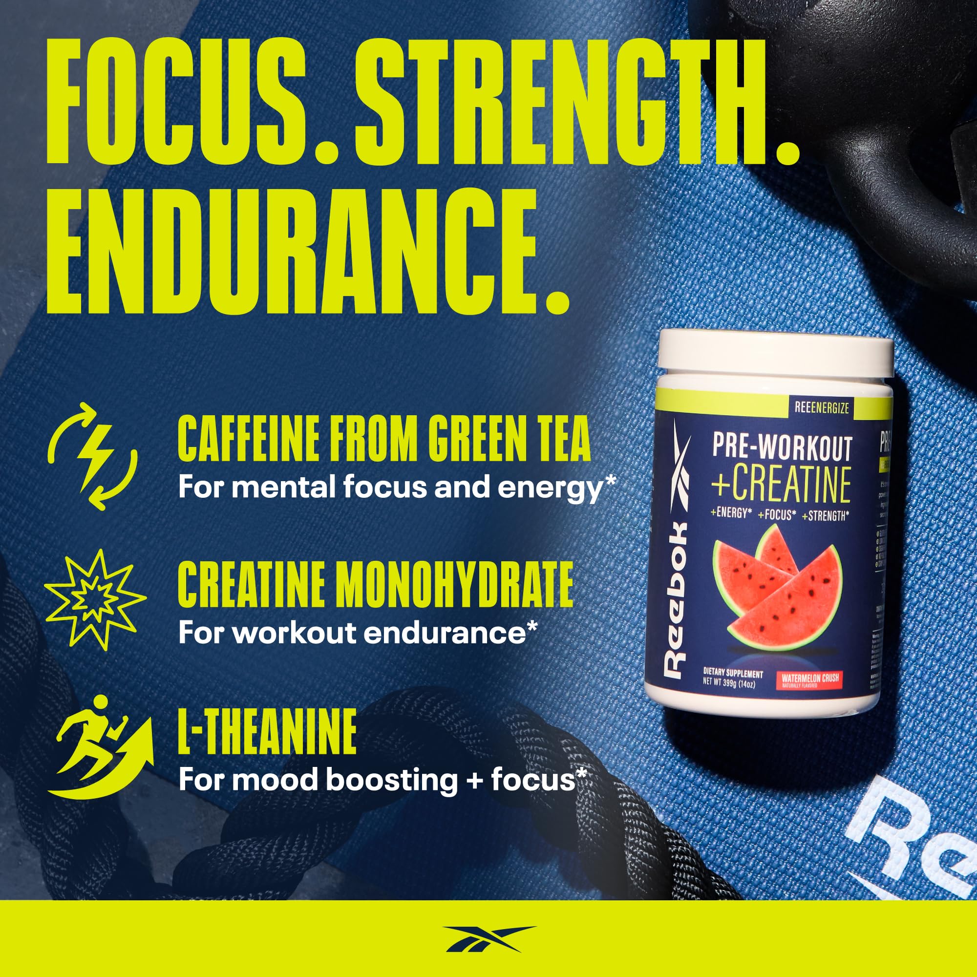 Reebok REEenergize watermelon crush mix in glass boosts focus with clean caffeine.