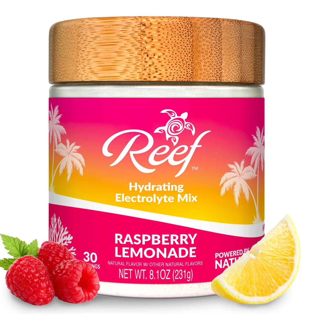 Reef Replenish bottle front shows Raspberry Lemonade flavor for on-the-go hydration.