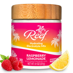 Reef Replenish bottle front shows Raspberry Lemonade flavor for on-the-go hydration.
