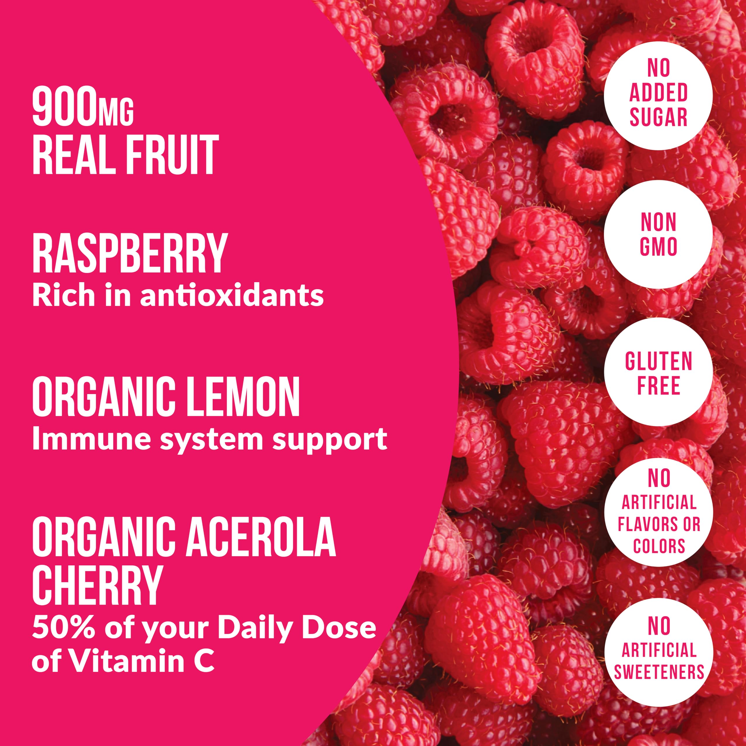 Real fruit visuals indicate 900 mg of real fruit per serving.