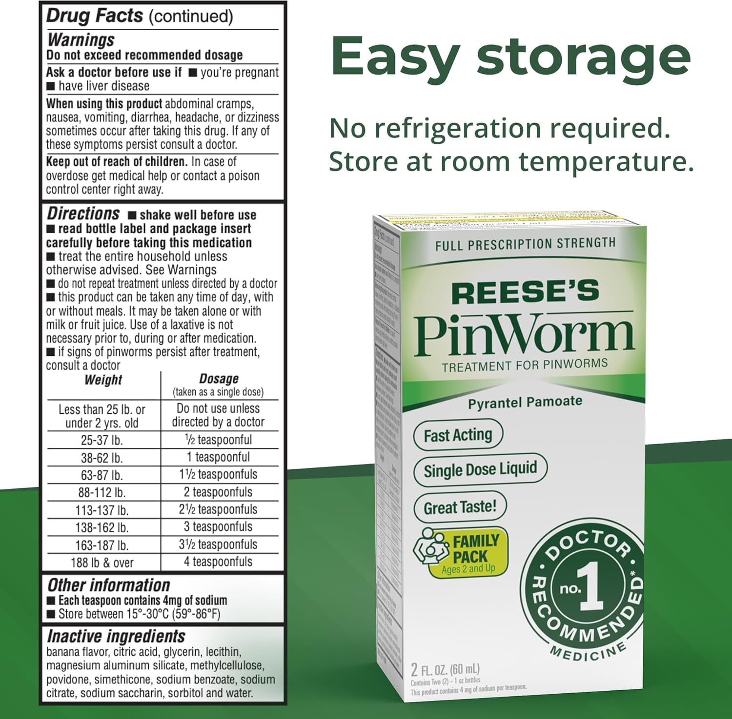 Front view of Reese's Pinworm bottle with clear usage instructions.
