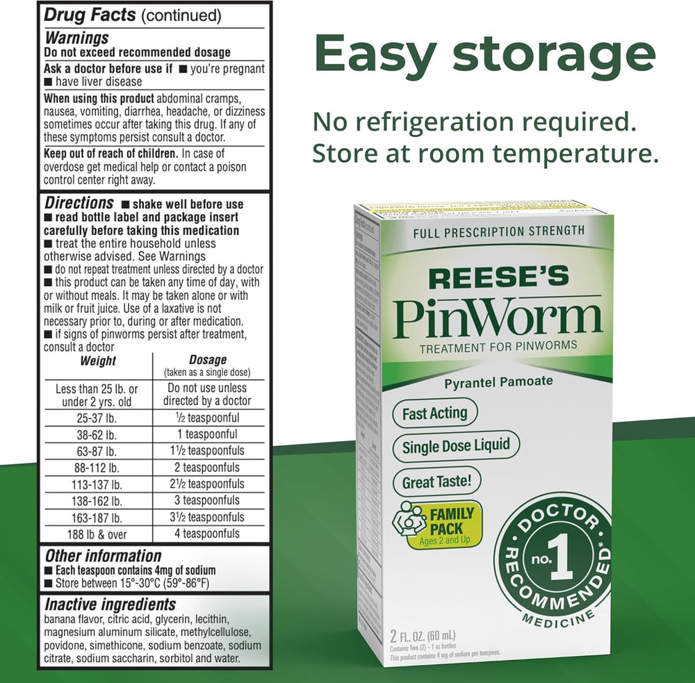Front view of Reese's Pinworm bottle with clear usage instructions.