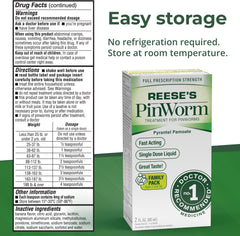 Front view of Reese's Pinworm bottle with clear usage instructions.