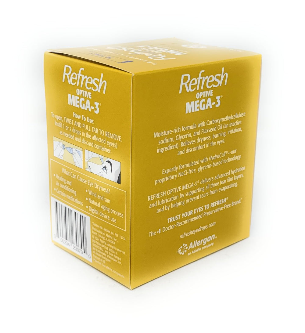 Refresh Optive Mega-3 on-the-go packaging makes relief accessible anywhere.
