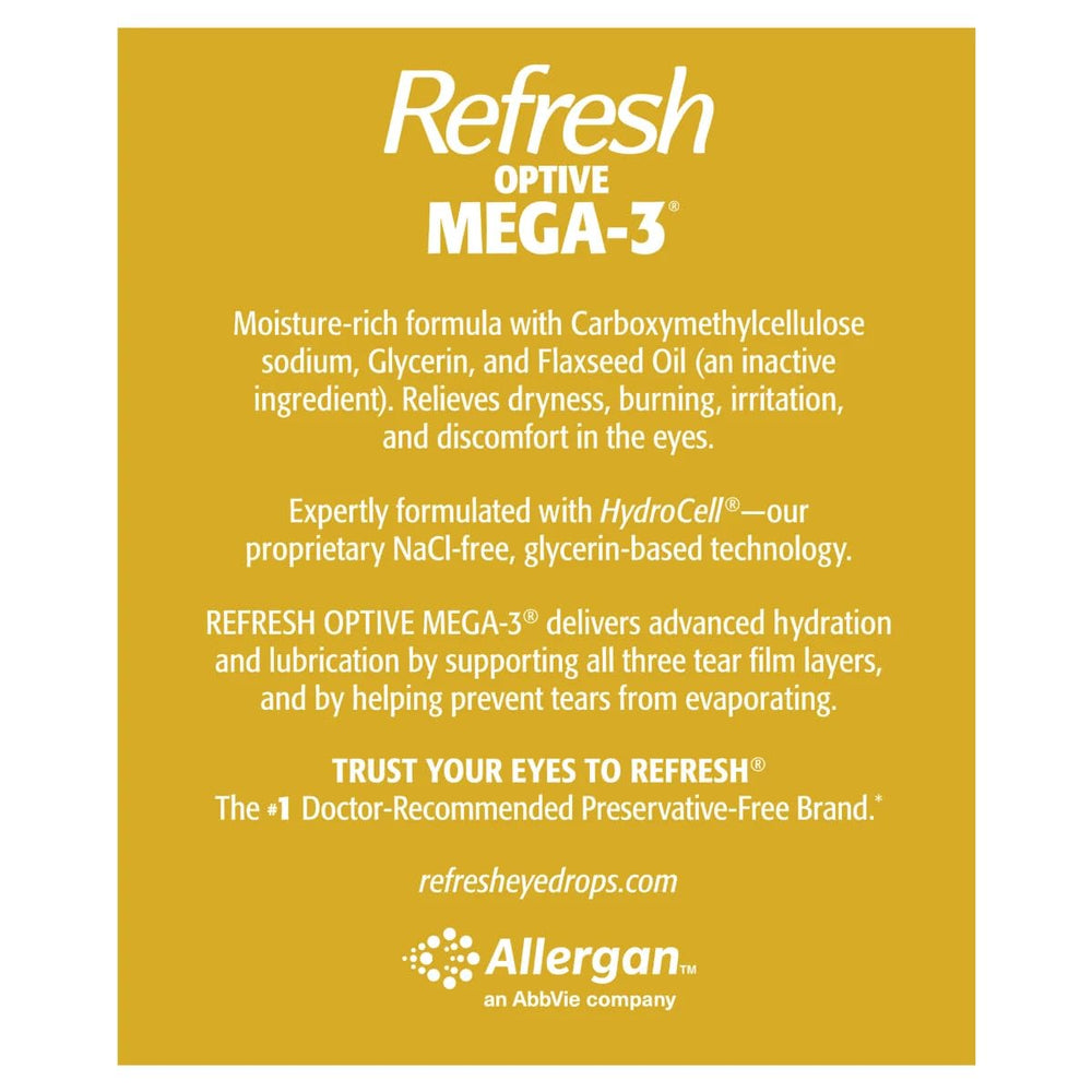 Refresh Optive Mega-3 single-use vials ensure sterile, ready-to-use eye lubrication.