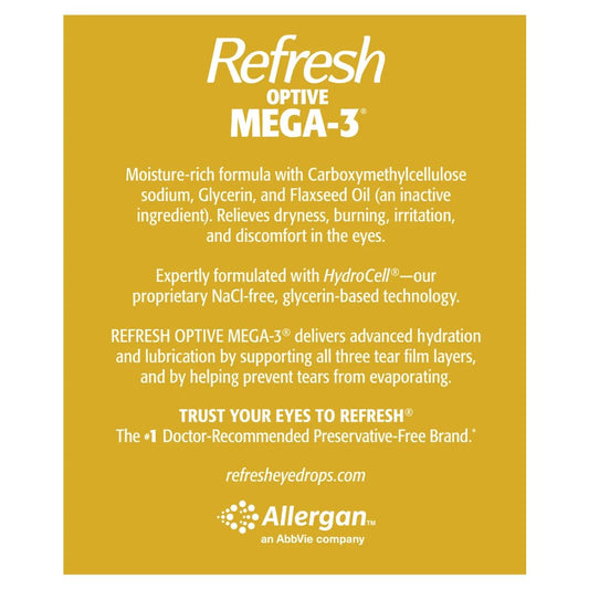 Refresh Optive Mega-3 single-use vials ensure sterile, ready-to-use eye lubrication.