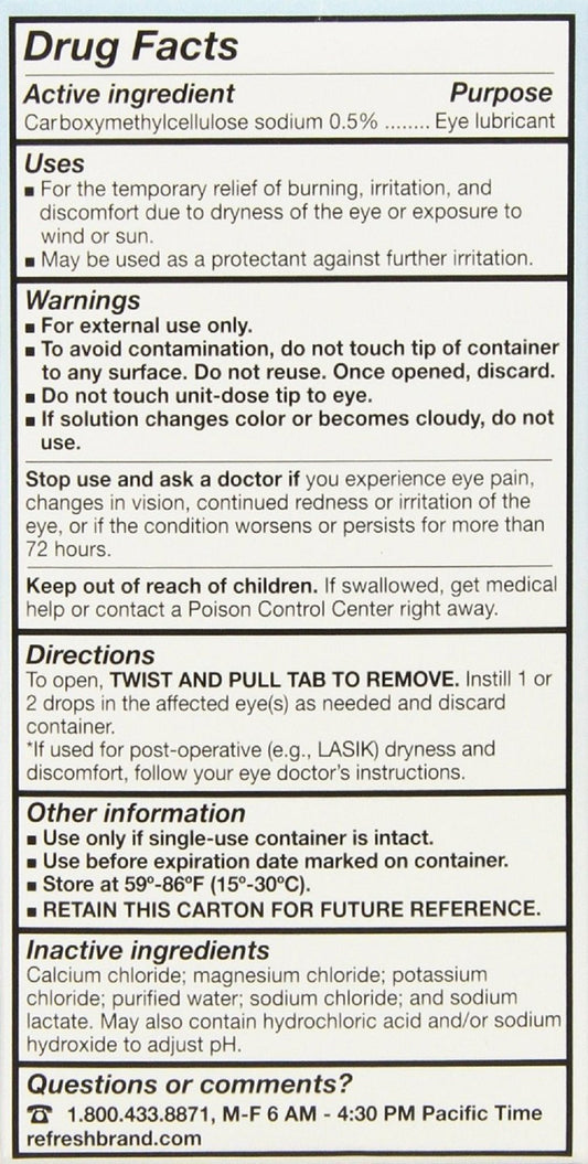 Refresh Plus eye drops packaging close-up, showcasing sterile single-use vials for easy daily use.