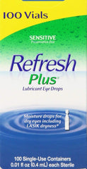 Refresh Plus eye drops single-use vials, 100-count pack for convenient on-the-go relief.