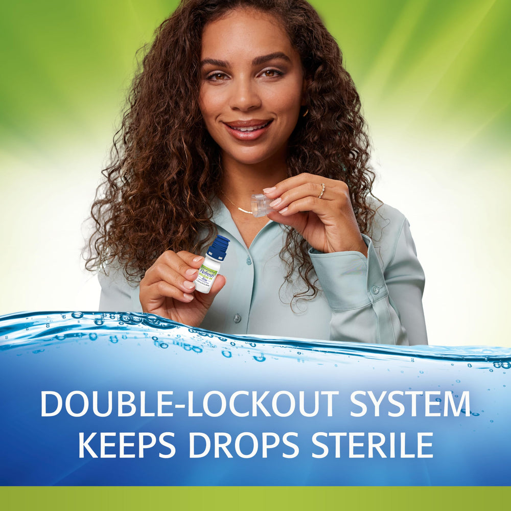 Blue cap and locking mechanism highlighted on Refresh RELIEVA PF XTRA bottle.