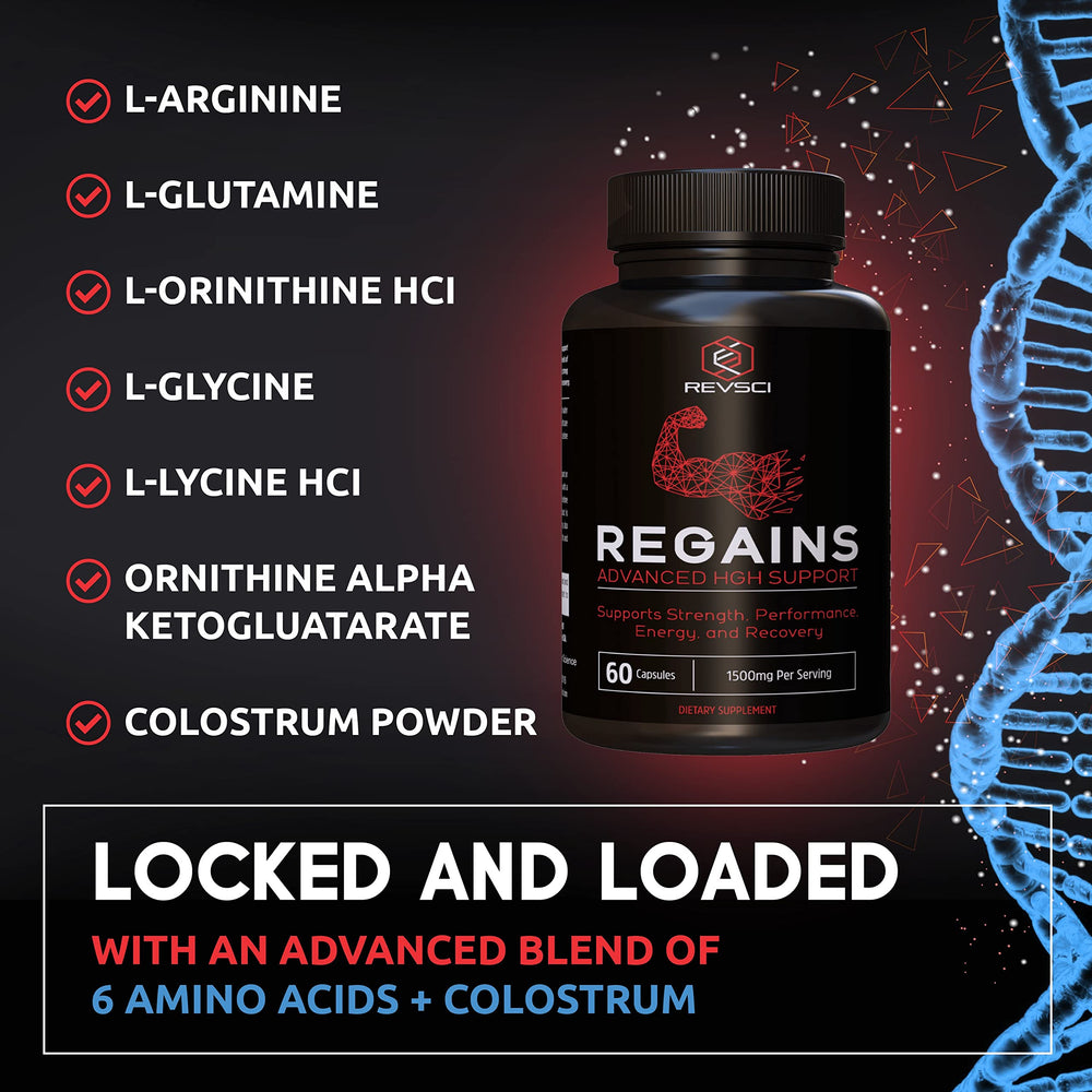 Regains HGH Supplements bottle back shows dosage and ingredients