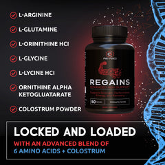 Regains HGH Supplements bottle back shows dosage and ingredients