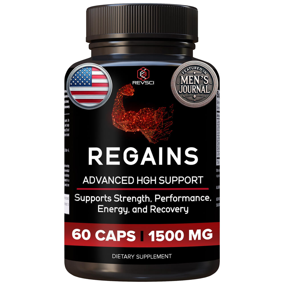 Regains HGH Supplements bottle front highlights premium formula for potential muscle growth