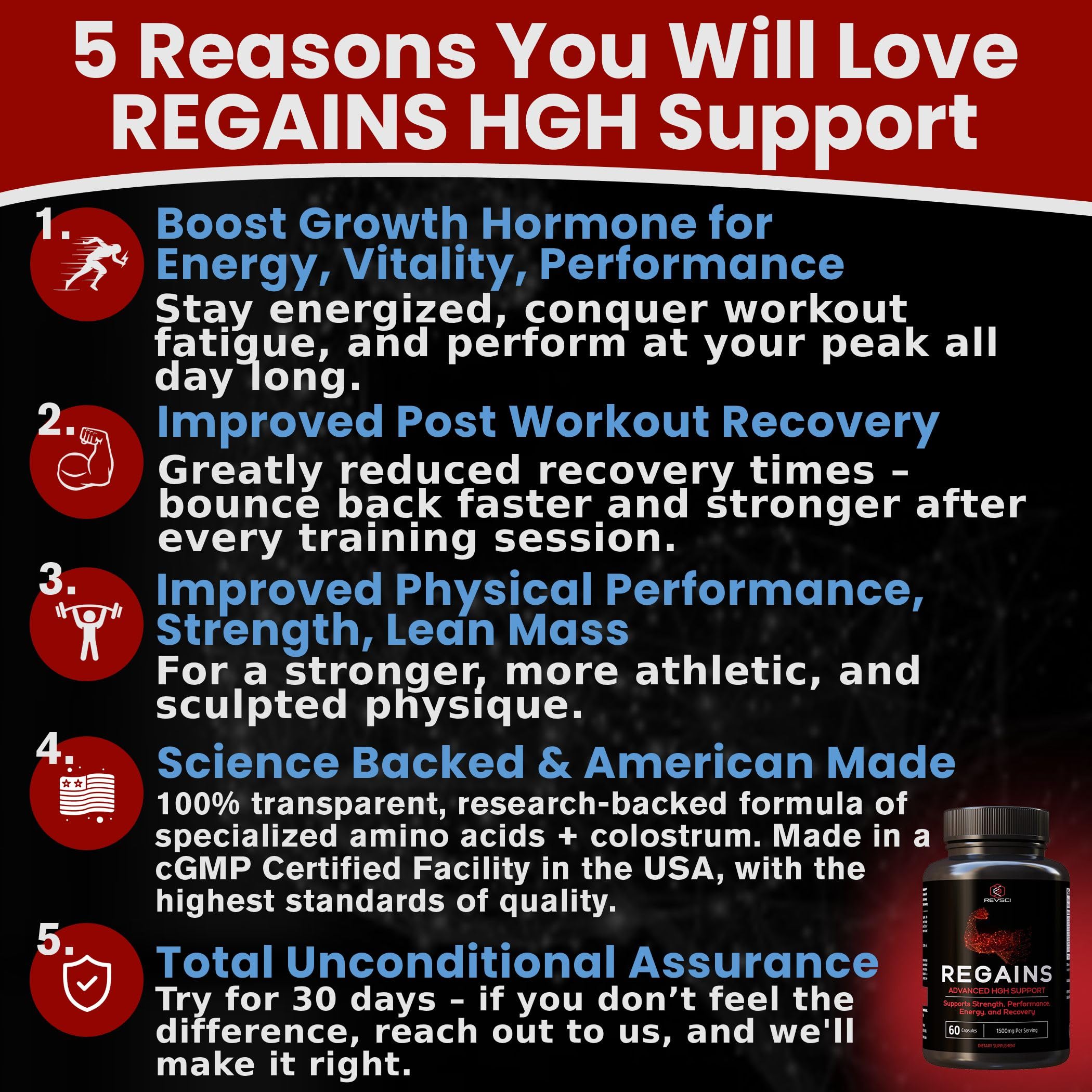 Regains HGH Supplements bottle label shows NSF quality and US manufacturing