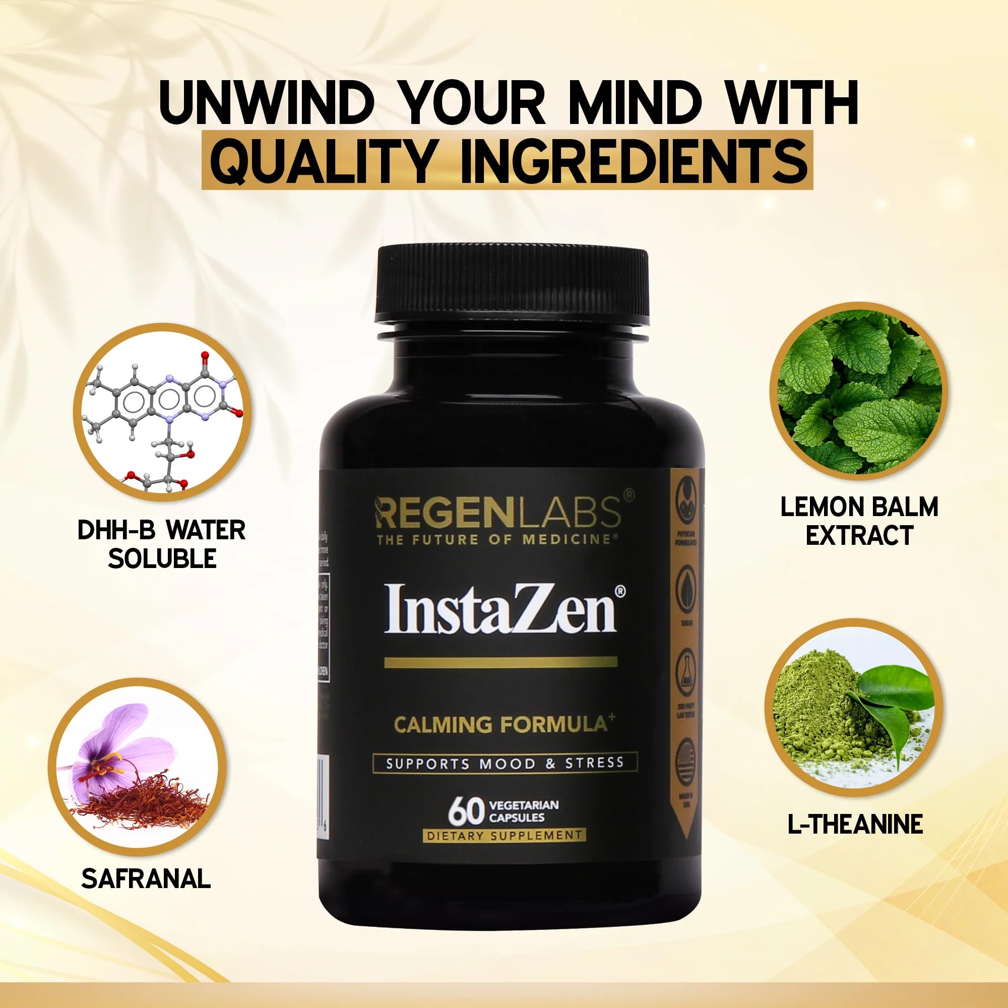 Closeup of InstaZen DHHB label highlighting calming benefits.
