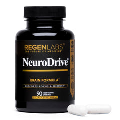 Regen Labs NeuroDrive bottle front view showing packaging; supports focus during work