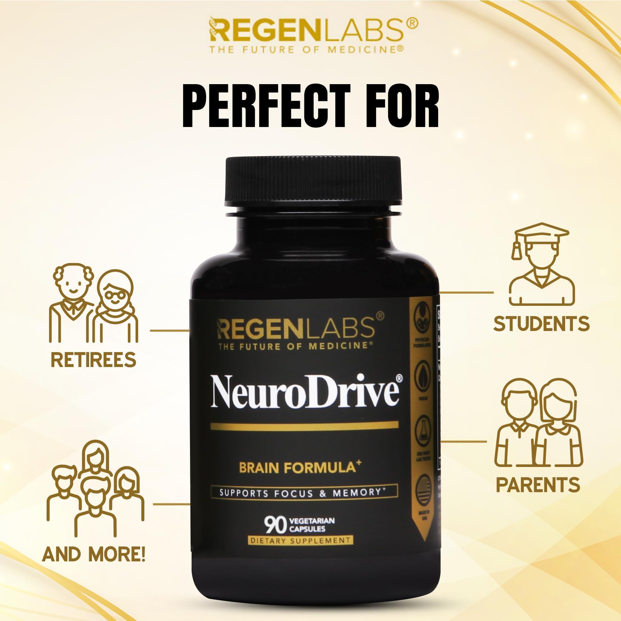 Regen Labs NeuroDrive bottle in hand; convenient 90-capsule supply
