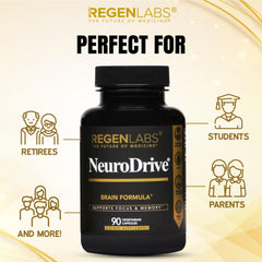 Regen Labs NeuroDrive bottle in hand; convenient 90-capsule supply