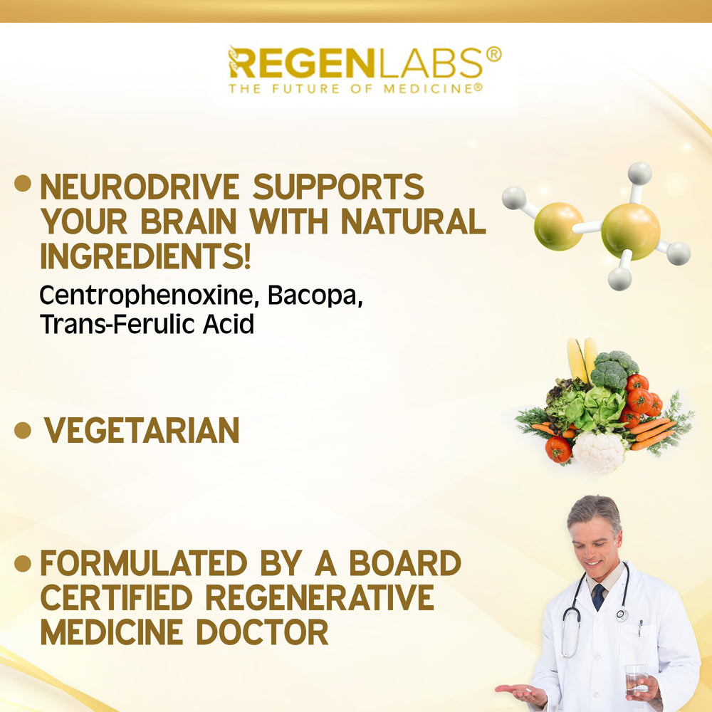 Regen Labs NeuroDrive label close view; caffeine-free brain supplement