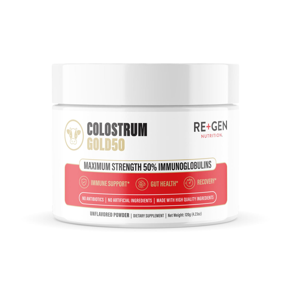 Re+Gen Nutrition Colostrum Gold 50 bottle shows grass-fed origin and a potent IgG profile