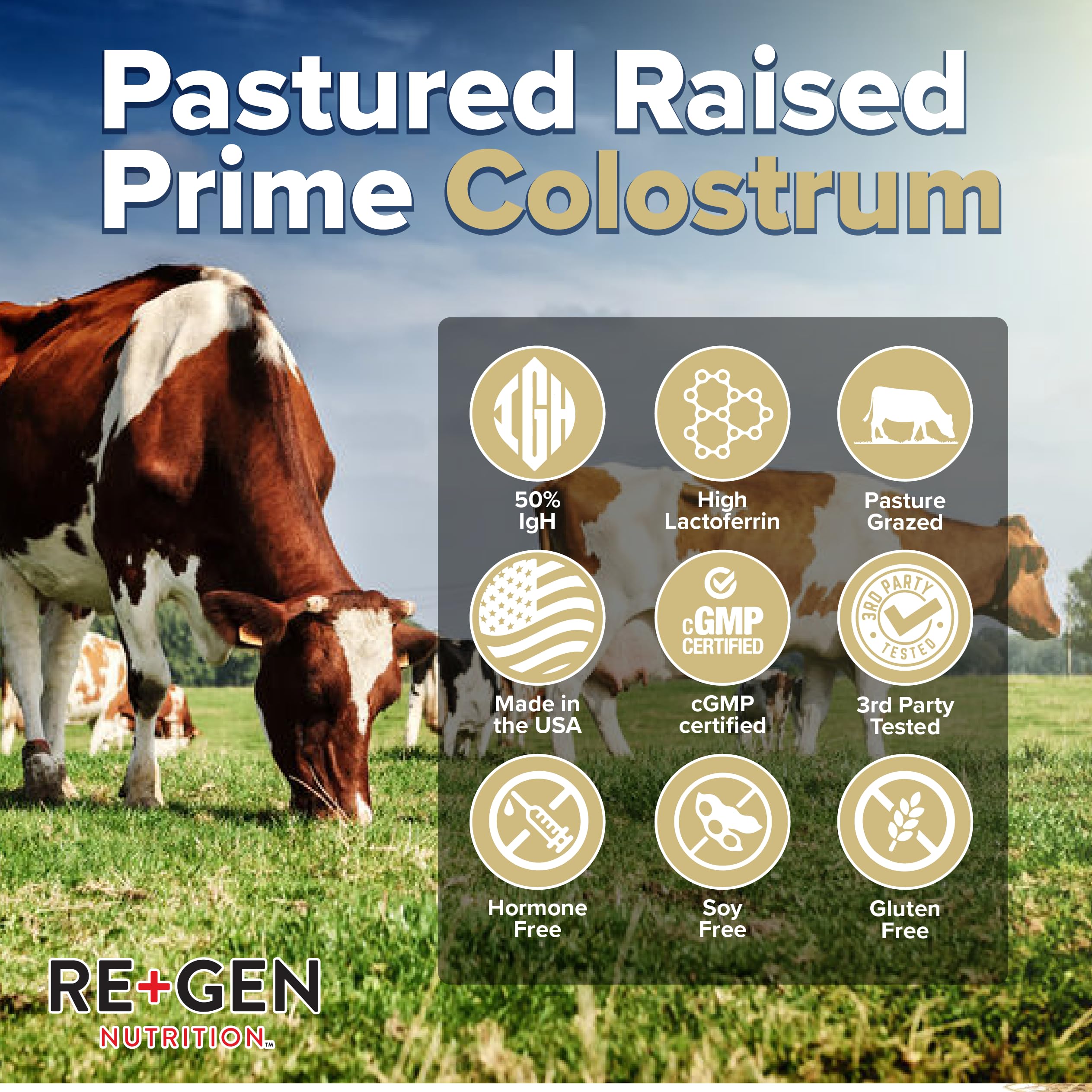 Re+Gen Colostrum Gold 50 label highlights gluten-free and artificial-free sourcing